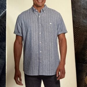Weatherproof Vintage Men’s Washable Linen Button-Down Shirt Blue Short Sleeve XL
